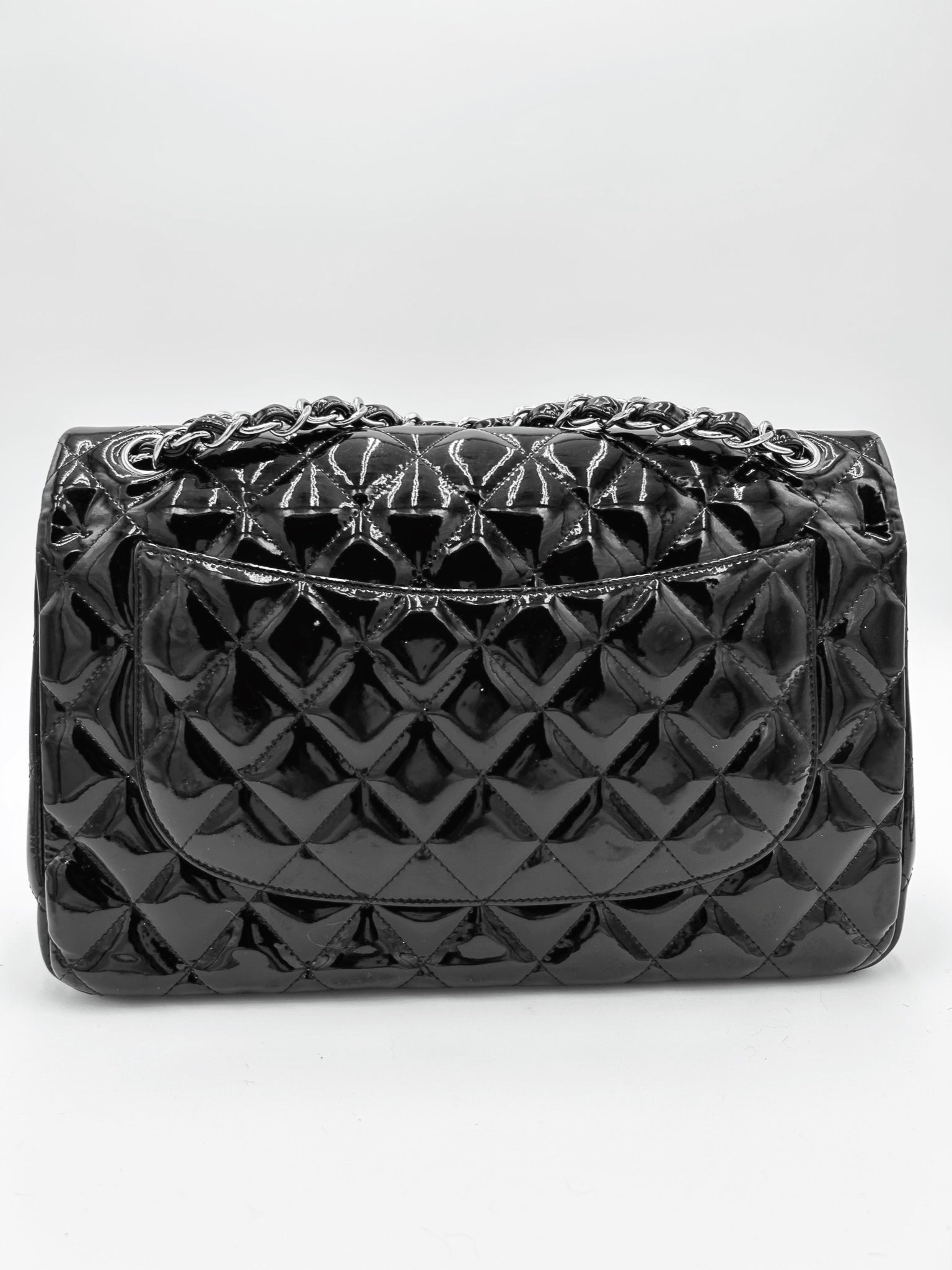 CHANEL BLACK QUILTED PATENT LEATHER MEDIUM CLASSIC DOUBLE FLAP BAG
