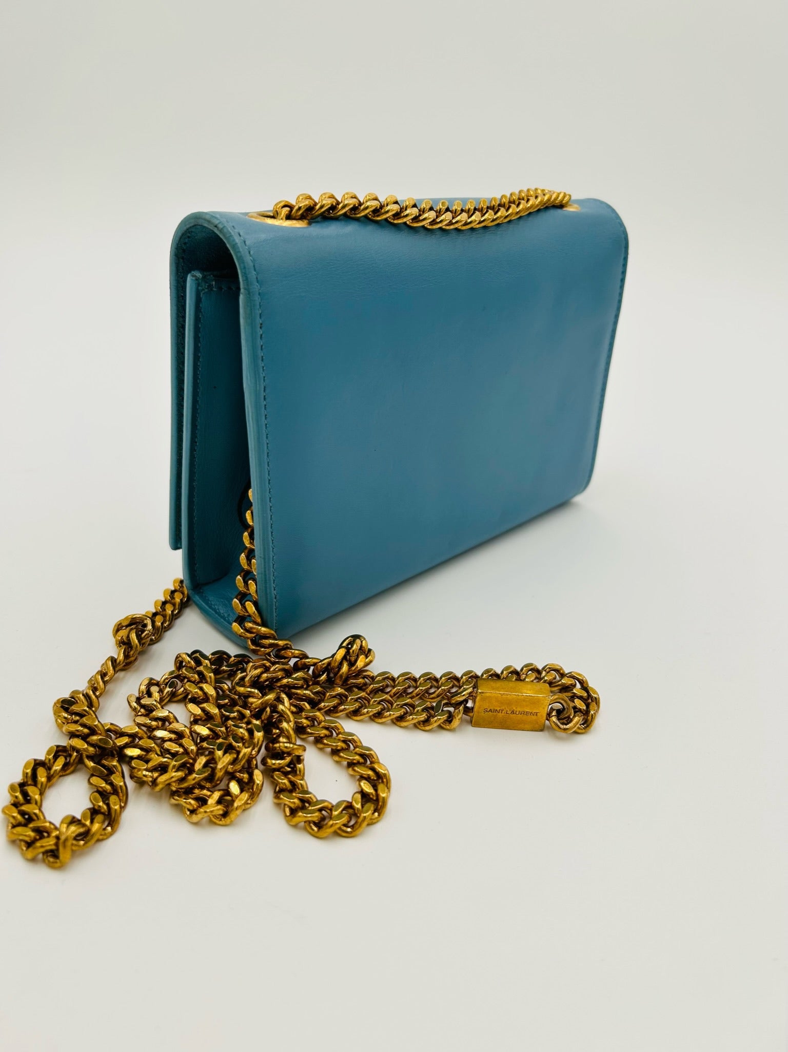 YSL KATE SMALL CHAIN BAG IN GRAIN DE POUDRE LEATHER LIGHT BABY BLUE